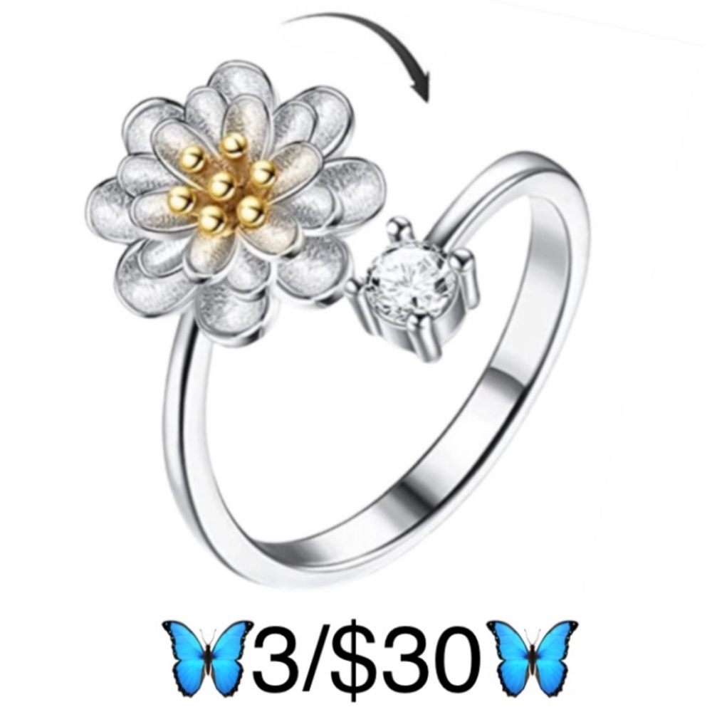 Fidget Spinner Flower Ring Adjustable Silver Plated Copper Yellow Gold Tone CZ